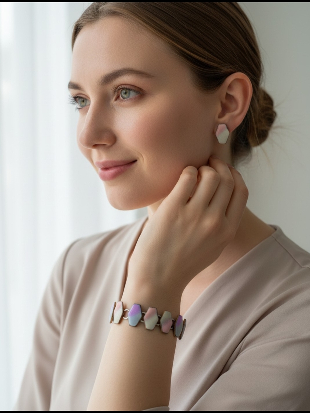 Modern Pastel Geometric Bracelet and Stud Earring Set - Pink, Lavender, Cream